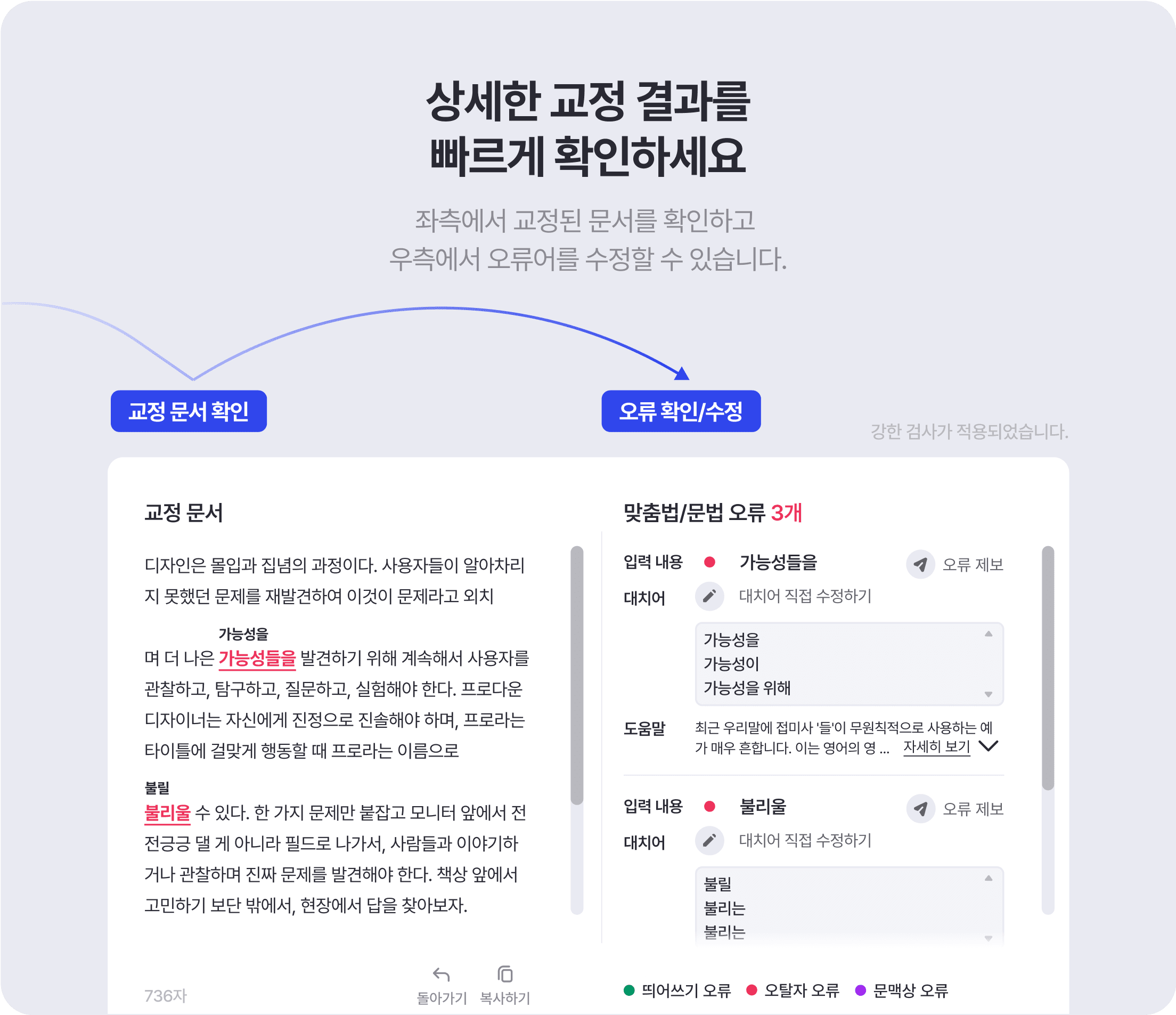 처음 뜨는 창에 원문을 입력하고 ‘검사하기’ 버튼을 누르면, 다음으로 넘어가면서 2개의 창이 나타납니다.  좌측에서 교정된 문서를 확인하고, 오류가 있다면 우측에 오류를 교정할 대치어가 나타나고, 그 근거를 도움말에서 볼 수 있어요.